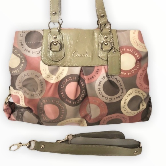 COACH rare pink and gray snaphead sateen tote bag